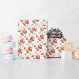 Papel De Presente Ilustração de Cogumelos Vermelhos Fofos em Aquarel