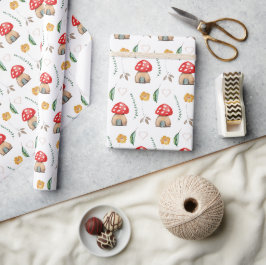 Papel De Presente Ilustração de Cogumelos Vermelhos Fofos em Aquarel