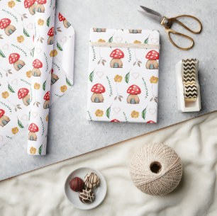 Papel De Presente Ilustração de Cogumelos Vermelhos Fofos em Aquarel