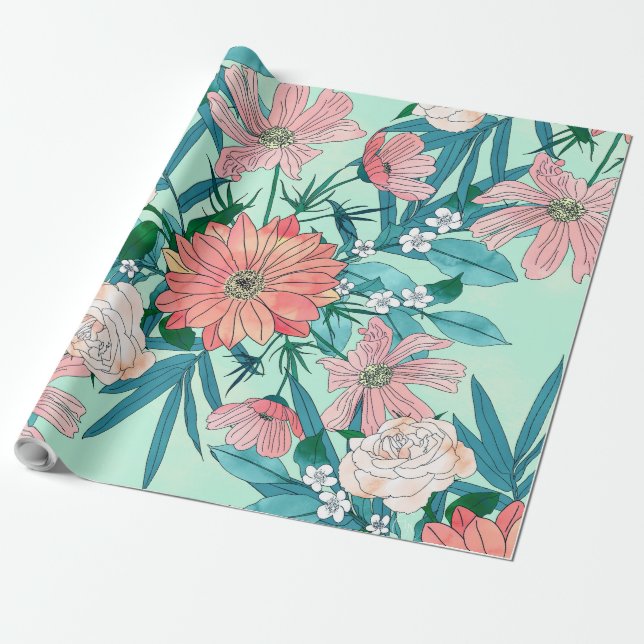 Papel De Presente Ilustração de flores de primavera de boho chic (Desenrolado)