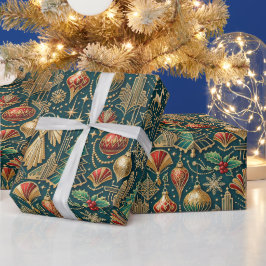 Papel De Presente Ilustração de Ornamento de Natal em Dourado e Azul