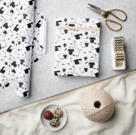Papel De Presente Ilustração de Ovelhas Fofas Preto e Branco