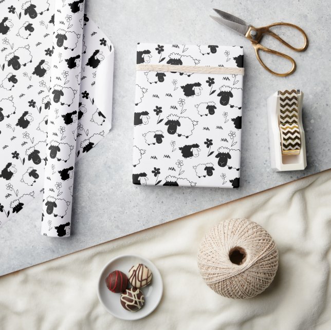 Papel De Presente Ilustração de Ovelhas Fofas Preto e Branco (Artesanato)