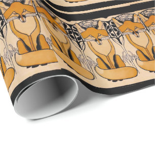 Papel De Presente Ilustração de Raposas Art Nouveau Vida Selvagem