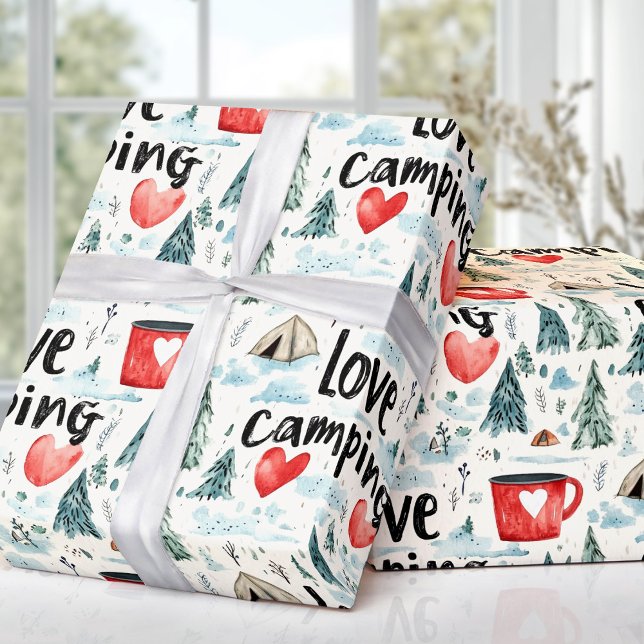 Papel De Presente Ilustração de Viagem de Campos de Amor com Aquarel (Watercolor Love Camping Travel Illustration Wrapping Paper)