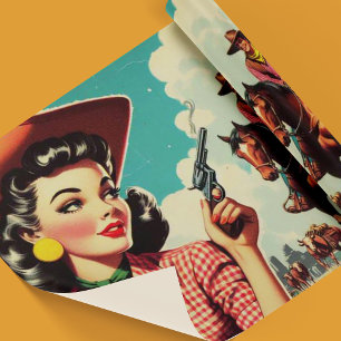 Papel De Presente Ilustração de Vintage Pulp Cowgirl
