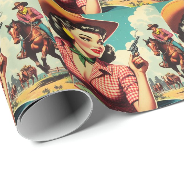 Papel De Presente Ilustração de Vintage Pulp Cowgirl (Ponta do rolo)