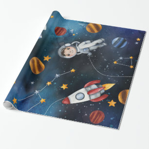 Papel De Presente Ilustração do Astronauta de Padrão Espacial Extern