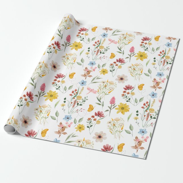 Papel De Presente Ilustração Floral de Aquarela Flores Selvagens (Desenrolado)