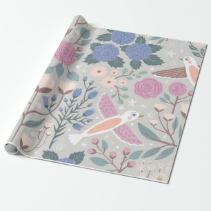 Papel De Presente Ilustração Floral de Aves Bonito, Cor-de-Rosa Vint