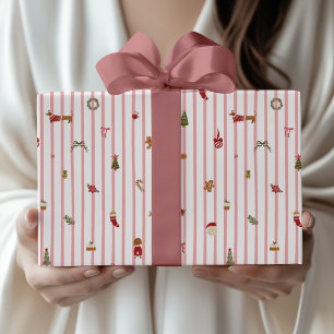 Papel De Presente Ilustração Moderna de Natal com Listras Rosa