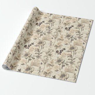 Papel De Presente ilustrações botânicas vintage e datilografia