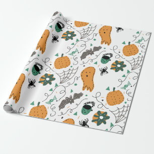 Papel De Presente Ilustrações de abóbora fantasma fofa de Halloween