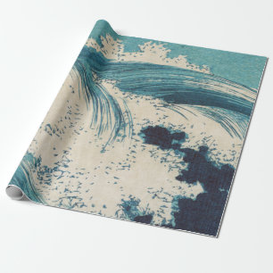 Papel De Presente Impressão Antiga de Ondas do Oceano Azul em Xilogr