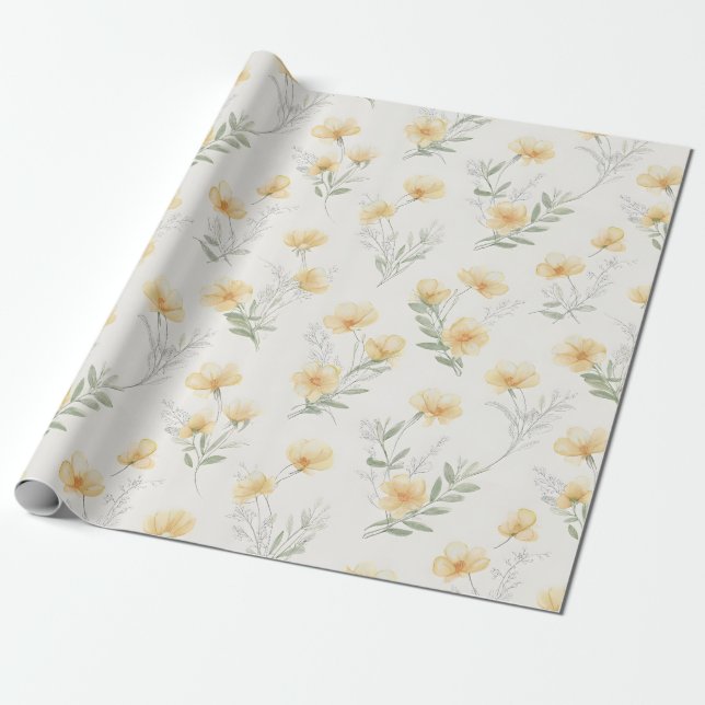 Papel De Presente Impressão Botânica de Flores Silvestres Amarelas C (Desenrolado)