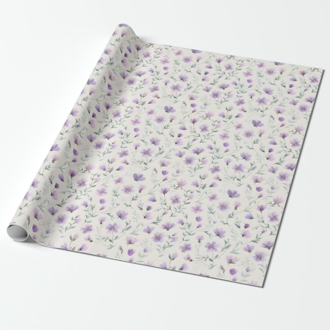 Papel De Presente Impressão Botânica de Flores Silvestres Purple Cot (Desenrolado)