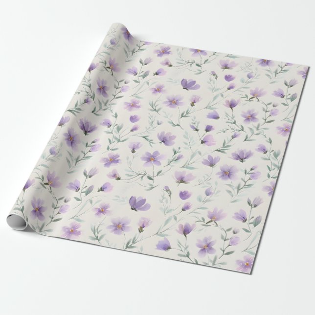 Papel De Presente Impressão Botânica de Flores Silvestres Purple Cot (Desenrolado)
