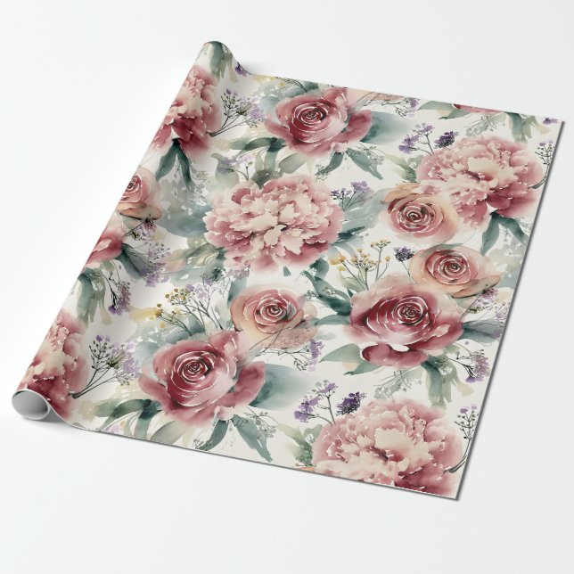 Papel De Presente Impressão Botânica Extra Grande Rosas Rosadas Peôn (Desenrolado)