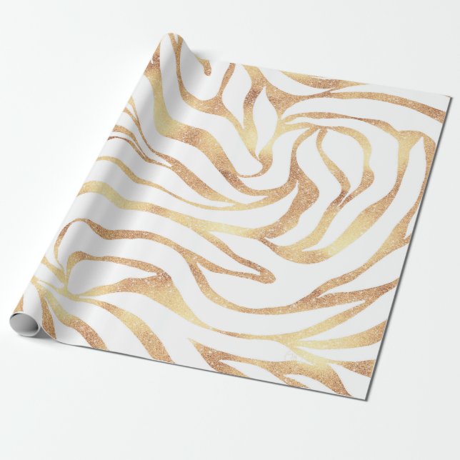 Papel De Presente Impressão Branca de Zebra Dourada Elegante (Desenrolado)