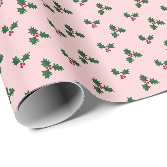 Papel De Presente Impressão de Azevinho Rosa Bege (Ponta do rolo)