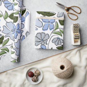 Papel De Presente Impressão de Bloco Floral Desenhado à Mão Azul e V