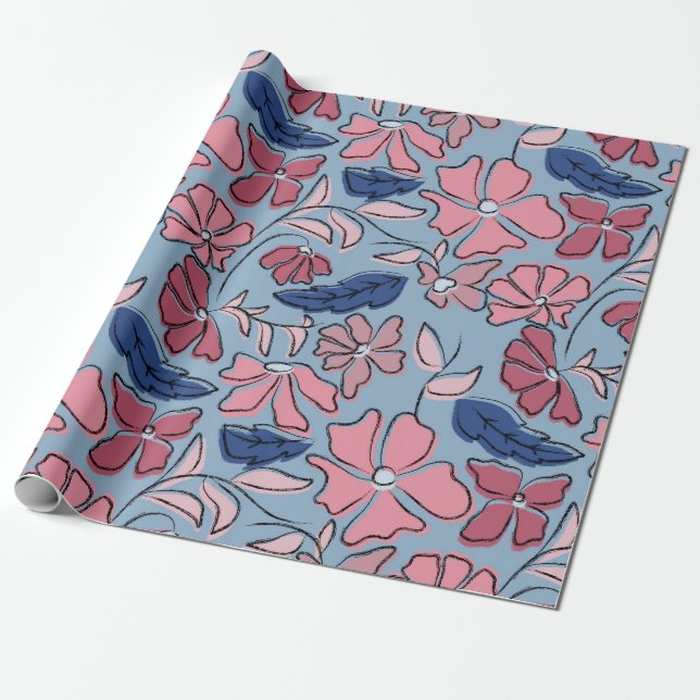 Papel De Presente Impressão de Bloco Floral Desenhado à Mão Rosa e A (Desenrolado)
