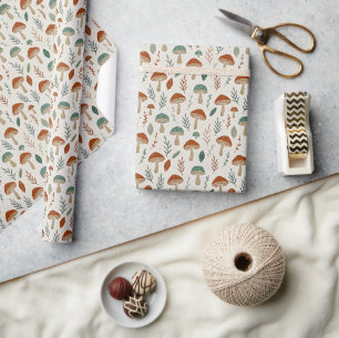 Papel De Presente Impressão de Cogumelos e Folhas Rústicas Cottageco