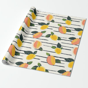 Papel De Presente Impressão de Fruta Manga Coral Amarelo em Listras 