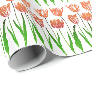 Papel De Presente Impressão de Jardim Tulipado em Laranja Coral e Ve