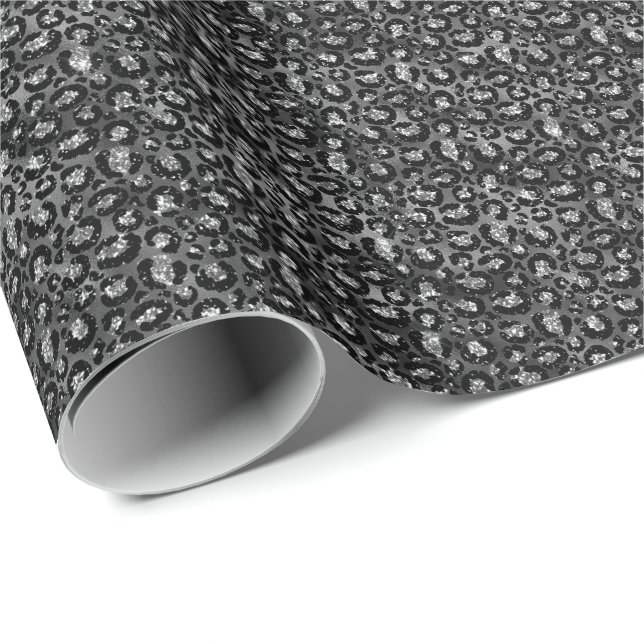 Papel De Presente Impressão de Leopardo Preto e Cinza Prateado (Ponta do rolo)