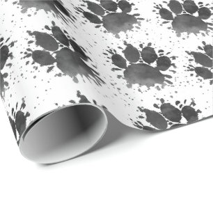 Papel De Presente Impressão de Pata de Cachorro em Aquarela Preto e 