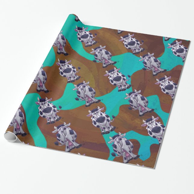 Papel De Presente Impressão de Vaca Castanho e Teal (Desenrolado)
