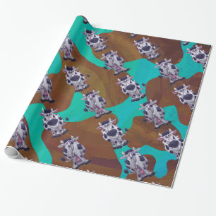 Papel De Presente Impressão de Vaca Marrom e Teal