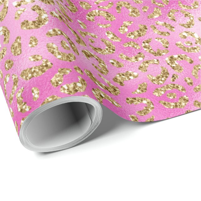 Papel De Presente Impressão do Leopard Glitter Dourado Rosa (Ponta do rolo)