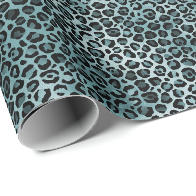 Papel De Presente Impressão do Leopardo Azul-Teal Glam Turquoise (Ponta do rolo)