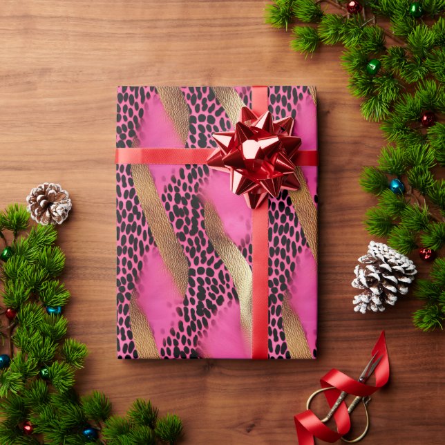 Papel De Presente Impressão Dourada de Leopardo com Glama Rosa Menin (Presente de Natal)