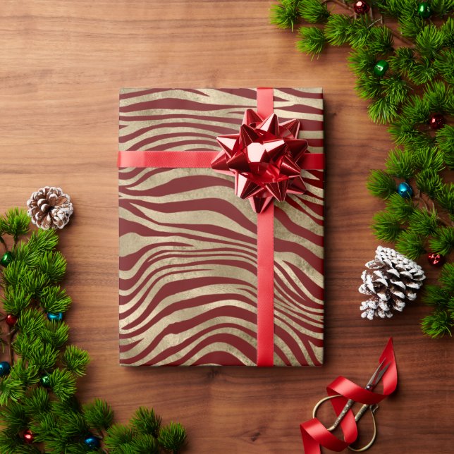 Papel De Presente Impressão Dourada Glam Red Zebra (Presente de Natal)