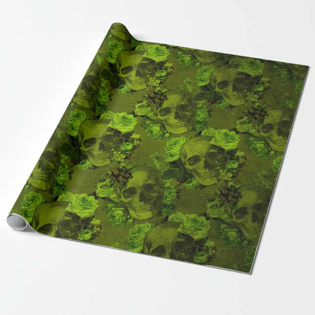 Papel De Presente Impressão Floral Gótica de Caveira Halloween Rústi (Desenrolado)
