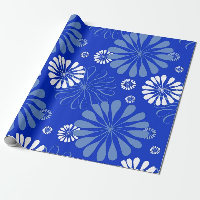 Papel De Presente Impressão Floral Moderno Azul (Desenrolado)