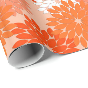 Papel De Presente Impressão floral moderno do quimono, laranja cora