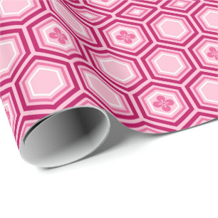 Papel De Presente Impressão Hexagonal Kimono, Borgonha e Rosa