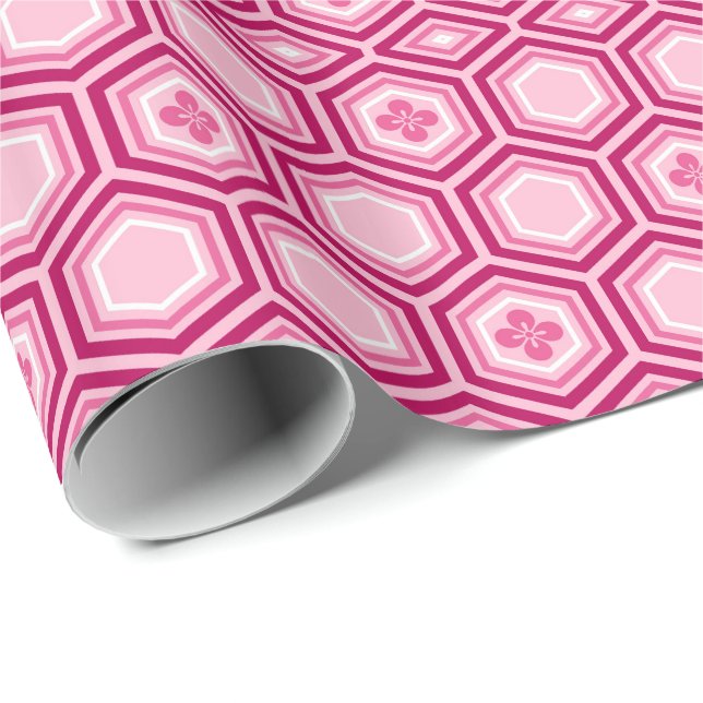 Papel De Presente Impressão Hexagonal Kimono, Borgonha e Rosa (Ponta do rolo)