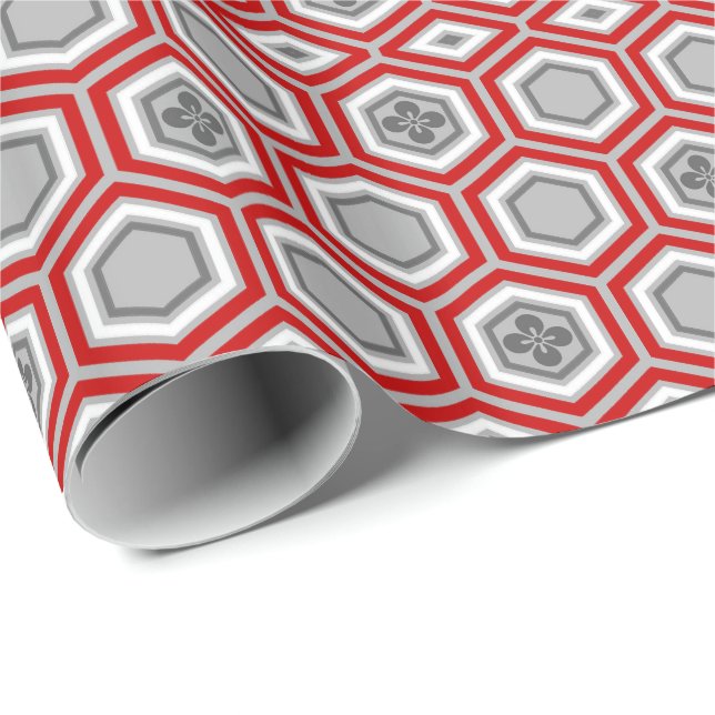 Papel De Presente Impressão Hexagonal Kimono, Vermelho e Cinzas/Cinz (Ponta do rolo)
