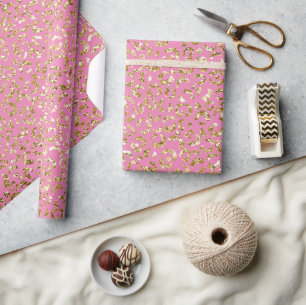 Papel De Presente Impressão Leopardo Rosa Dourada e Luminosa