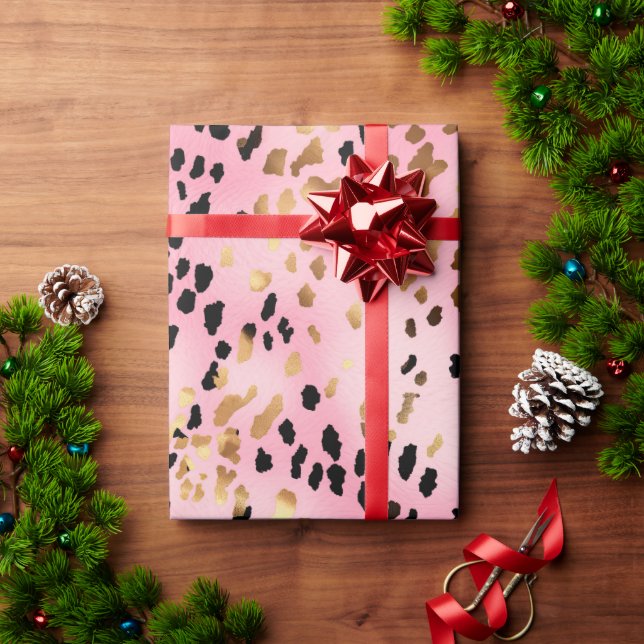 Papel De Presente Impressão Preta-Leopardo-Preto, Dourada, rosa (Presente de Natal)