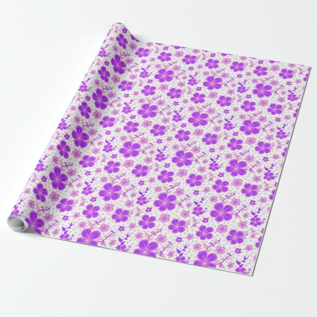 Papel De Presente Impressão Simples de Aquarela Floral Roxo e Rosa (Desenrolado)