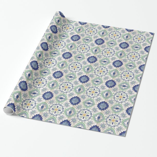 Papel De Presente Impressão verde e azul marroquino (Desenrolado)