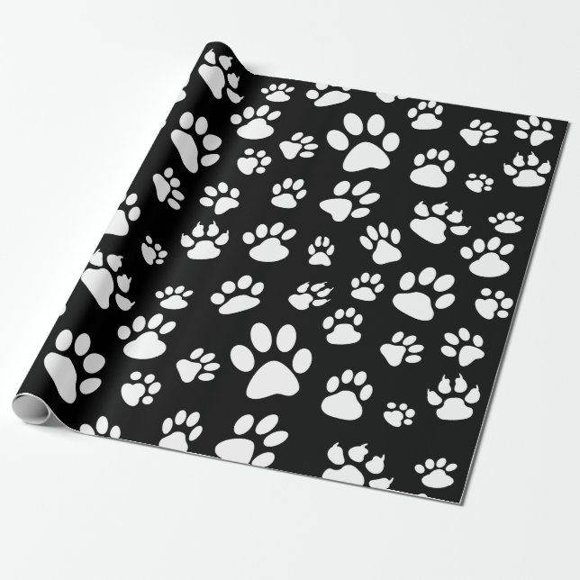 Papel De Presente Impressões de pata de cães em preto e branco (Desenrolado)