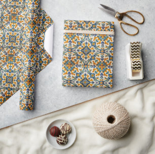 Papel De Presente Índigo Azulejo Azul e amarelo Português