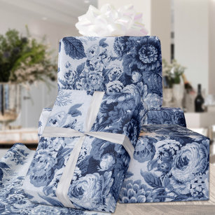 Papel De Presente Indigo Blue & White Vintage Toile Floral No. 3